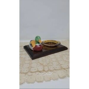Mallard Duck Wooden Base Cigar Lounge Mancave Amber Glass Ashtray Lodge VTG MCM